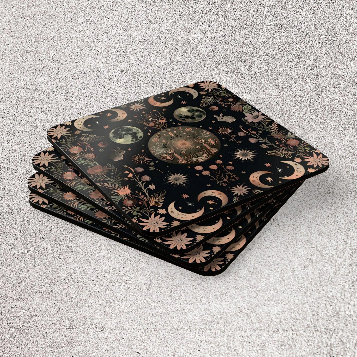 Celestial Floral Cork Coaster Set, Rustic Kitchen Decor, Earthy Home Accents, Nature Lover Gift, Astrology Coasters