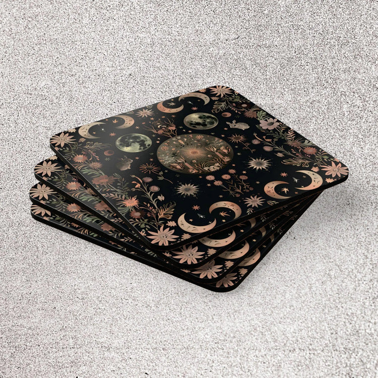 Celestial Floral Cork Coaster Set, Rustic Kitchen Decor, Earthy Home Accents, Nature Lover Gift, Astrology Coasters