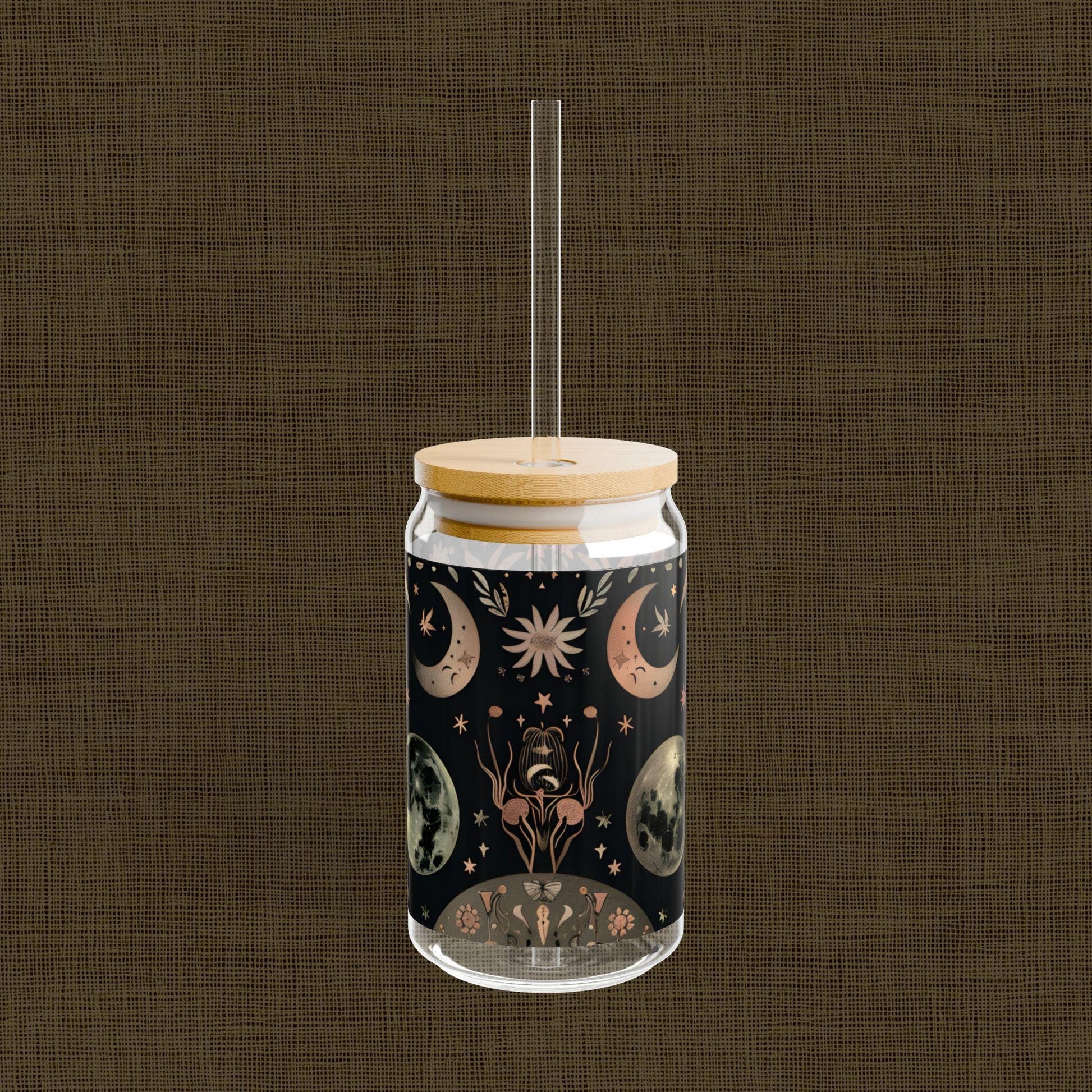 Celestial Sipper Glass, 16oz - Astrology Drinkware, Moon Phase Cup, Starry Night Tumbler, Boho Style Beverage Holder, Eco-Friendly Glass