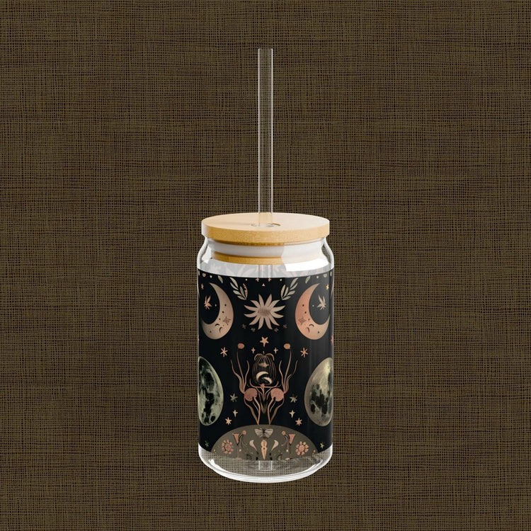 Celestial Sipper Glass, 16oz - Astrology Drinkware, Moon Phase Cup, Starry Night Tumbler, Boho Style Beverage Holder, Eco-Friendly Glass