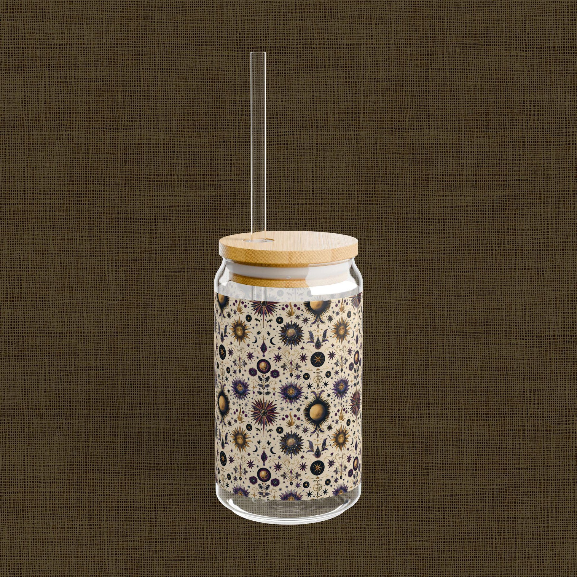 Celestial Sipper Glass, 16oz Starry Sky Design for Eco-Friendly Drinks, Astrology Lovers, Gift for Any Occasion, Sun and Moon Decor