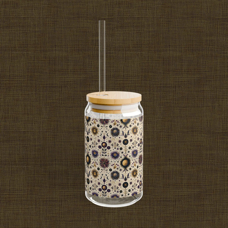 Celestial Sipper Glass, 16oz Starry Sky Design for Eco-Friendly Drinks, Astrology Lovers, Gift for Any Occasion, Sun and Moon Decor