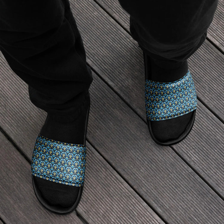 Modern Geometric Blue Slides for Men – Stylish Casual Slide Sandals, Trendy Non-Slip Pool Shoes, Comfortable Summer Slippers