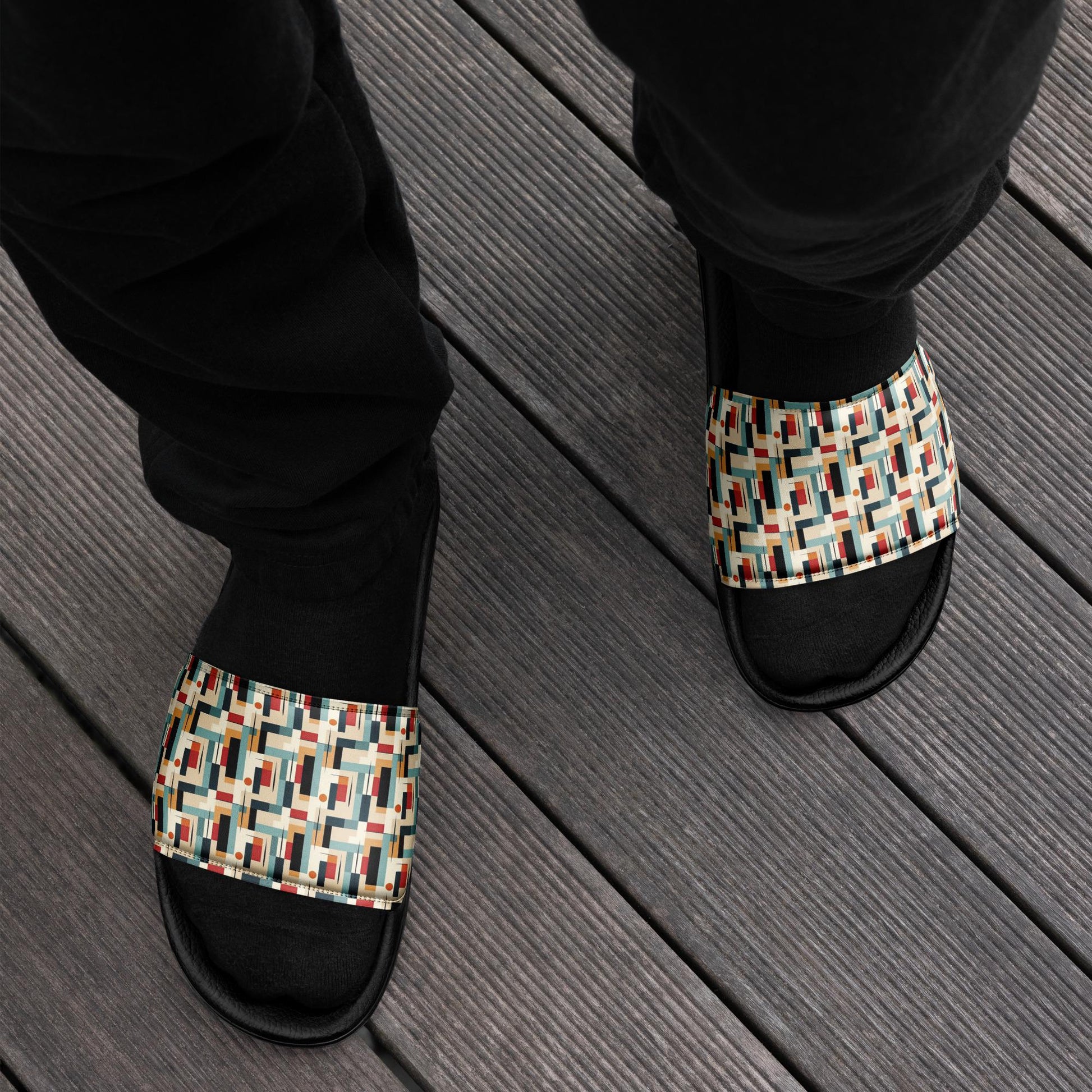 90’s Retro Geometric Slides for Men – Bold Pattern Slide Sandals, Vintage-Inspired Casual Slippers, Trendy Non-Slip Summer Pool Shoes