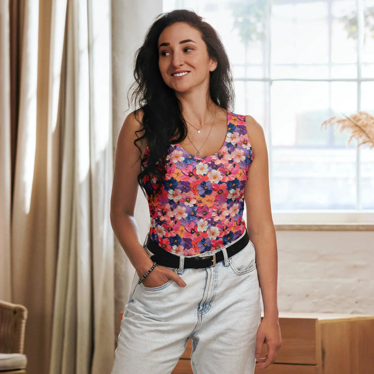 Floral Oil Painting Sublimation Tank Top – Spring Cut & Sew Blouse, Boho Chic Women&