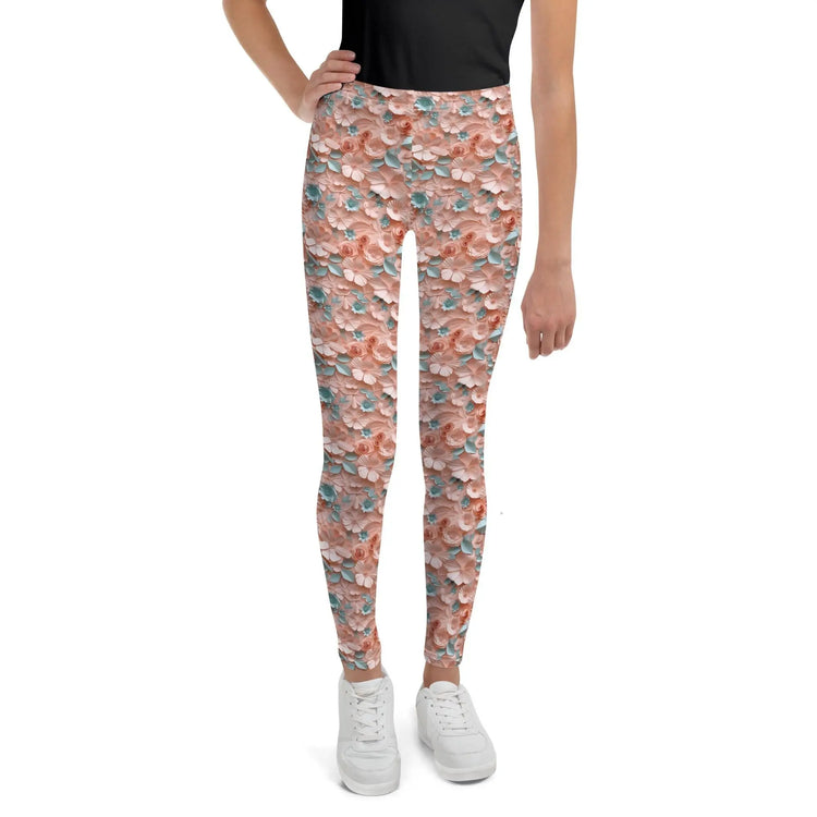 3D Floral Print Youth Leggings | All-Over Pattern Kids Leggings | Girls’ Floral Pants | Stretchy Comfortable Child Leggings | Cute Playwear
