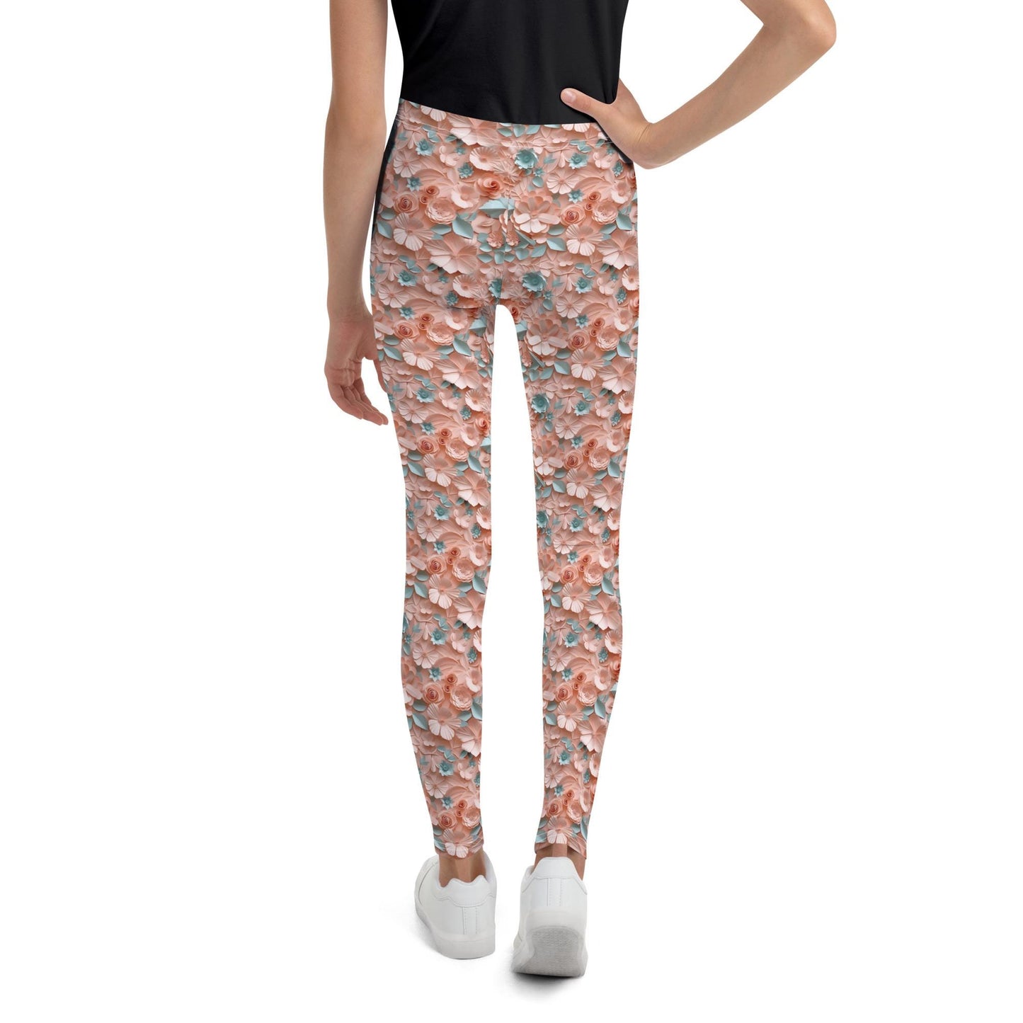3D Floral Print Youth Leggings | All-Over Pattern Kids Leggings | Girls’ Floral Pants | Stretchy Comfortable Child Leggings | Cute Playwear