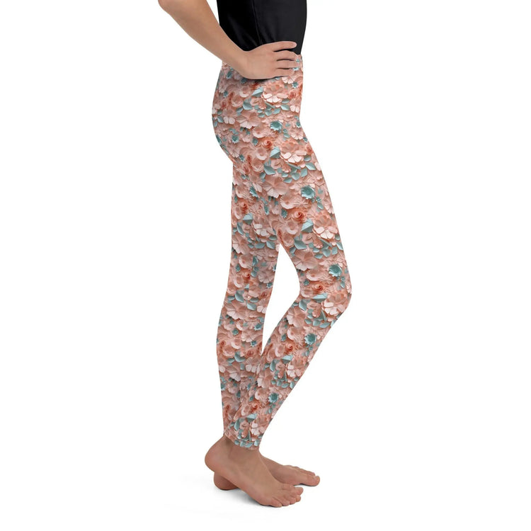 3D Floral Print Youth Leggings | All-Over Pattern Kids Leggings | Girls’ Floral Pants | Stretchy Comfortable Child Leggings | Cute Playwear