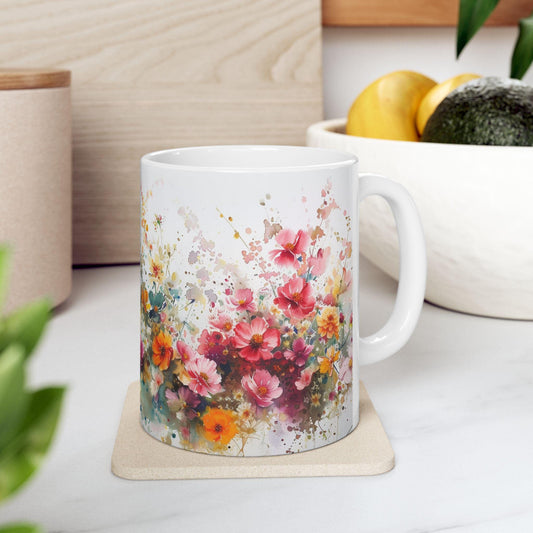 Floral Art Ceramic Mug - Colorful Flower Design, Gift for Her, Morning Coffee Mug, Tea Lover's Gift, Spring Decor