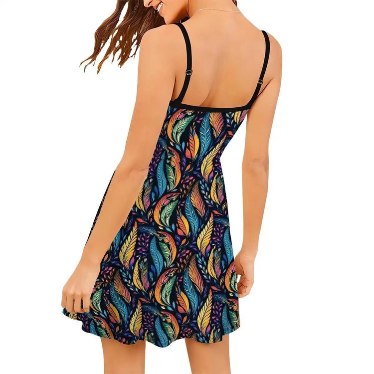 Female All Over Pattern Cute Spring Summer Short Spaghetti Strap A-Line Dress | Great for Gift | Cool Weather Womens Wear