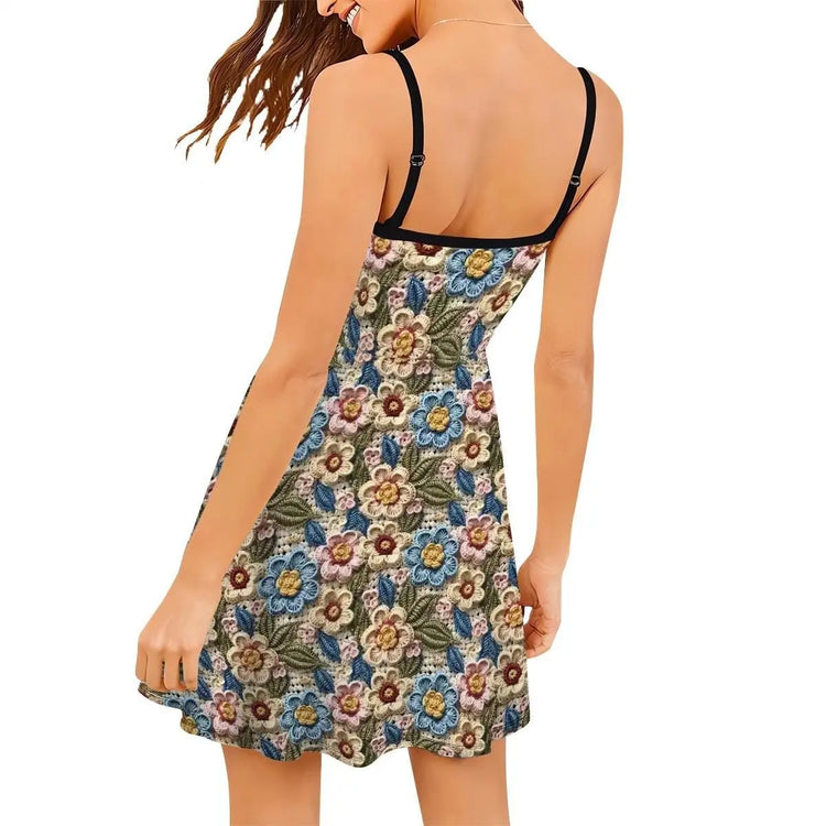 Womens Crotchet Sublimation Print Design Short Spaghetti Strap A-Line Dress | Great Casaual Floral Pattern Print Design