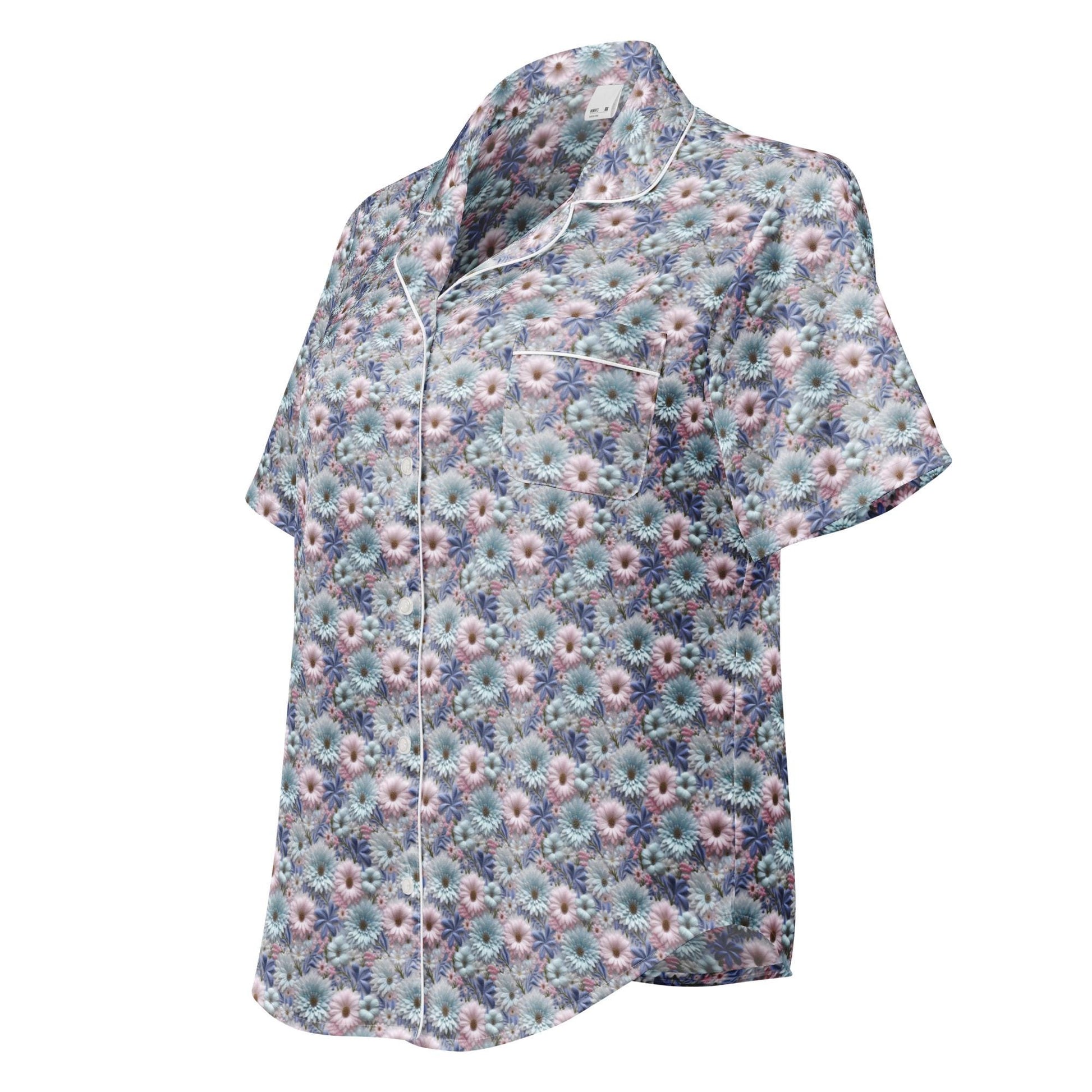 3D Floral Pajama Top Women&#39;s - Blue Short Sleeve Sleep Shirt - Spring Summer PJ Set Matching Top - Soft Breathable Nightshirt