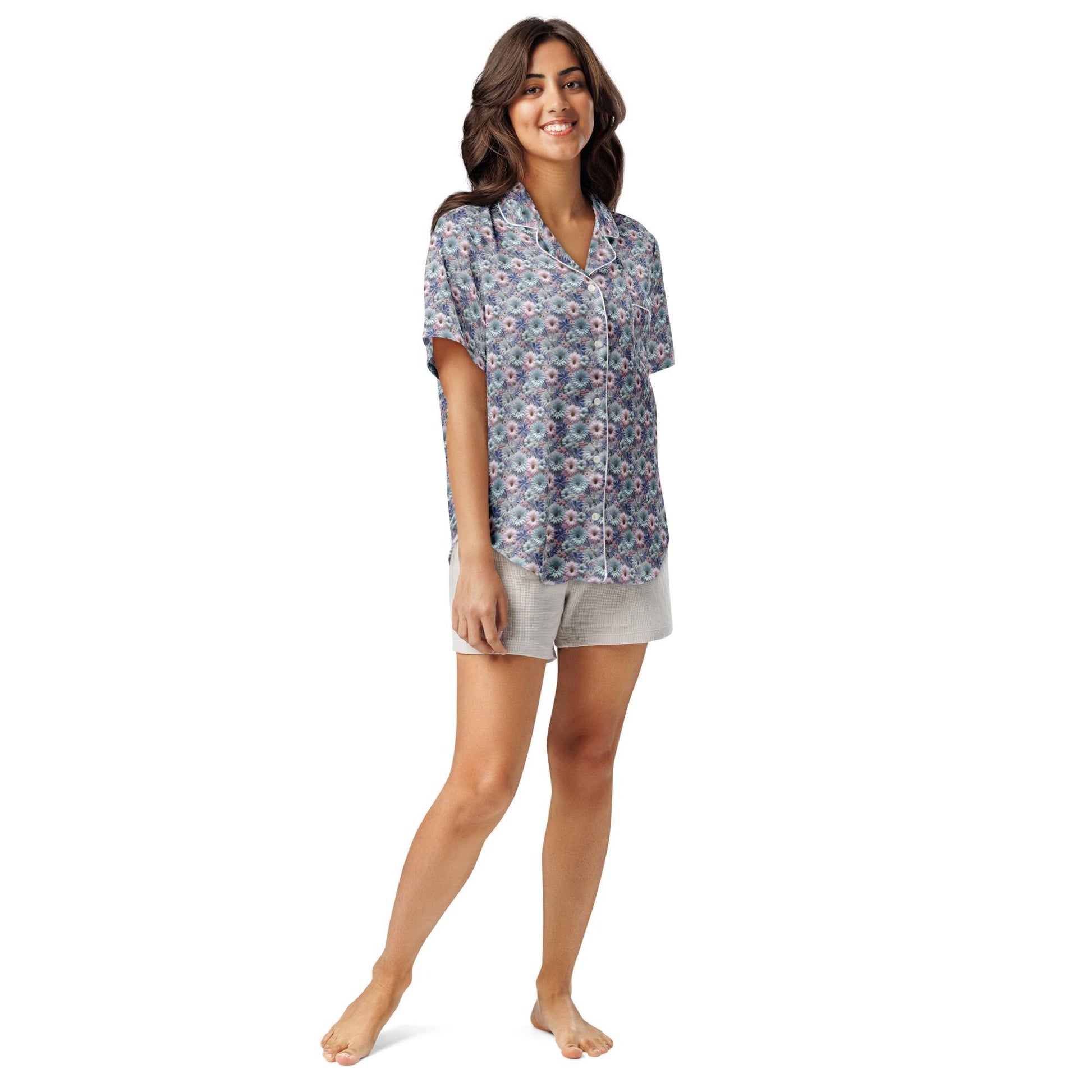 3D Floral Pajama Top Women&#39;s - Blue Short Sleeve Sleep Shirt - Spring Summer PJ Set Matching Top - Soft Breathable Nightshirt