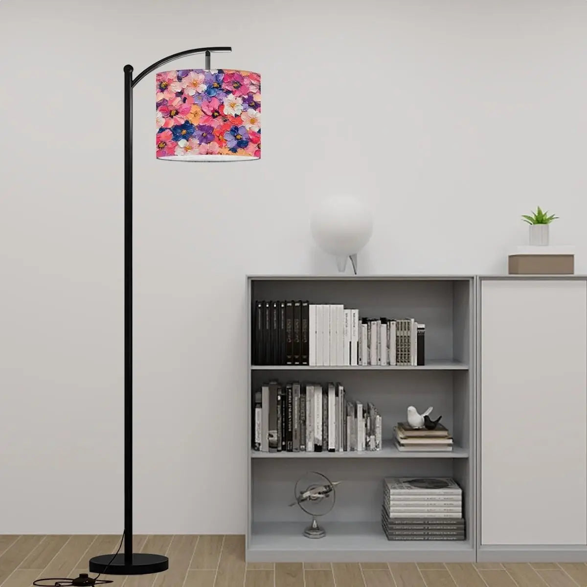 Oil Painting Floral AOP Arc Floor Lamp (Made in USA), Modern Home Lighting Decor