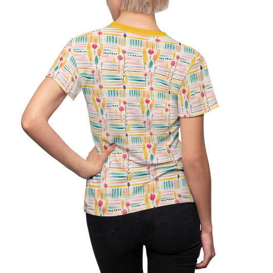 Colorful Floral Tee - Casual Wear, Women's Summer Top, Perfect for Picnics, Birthdays, Gifts, Cut & Sew Shirt