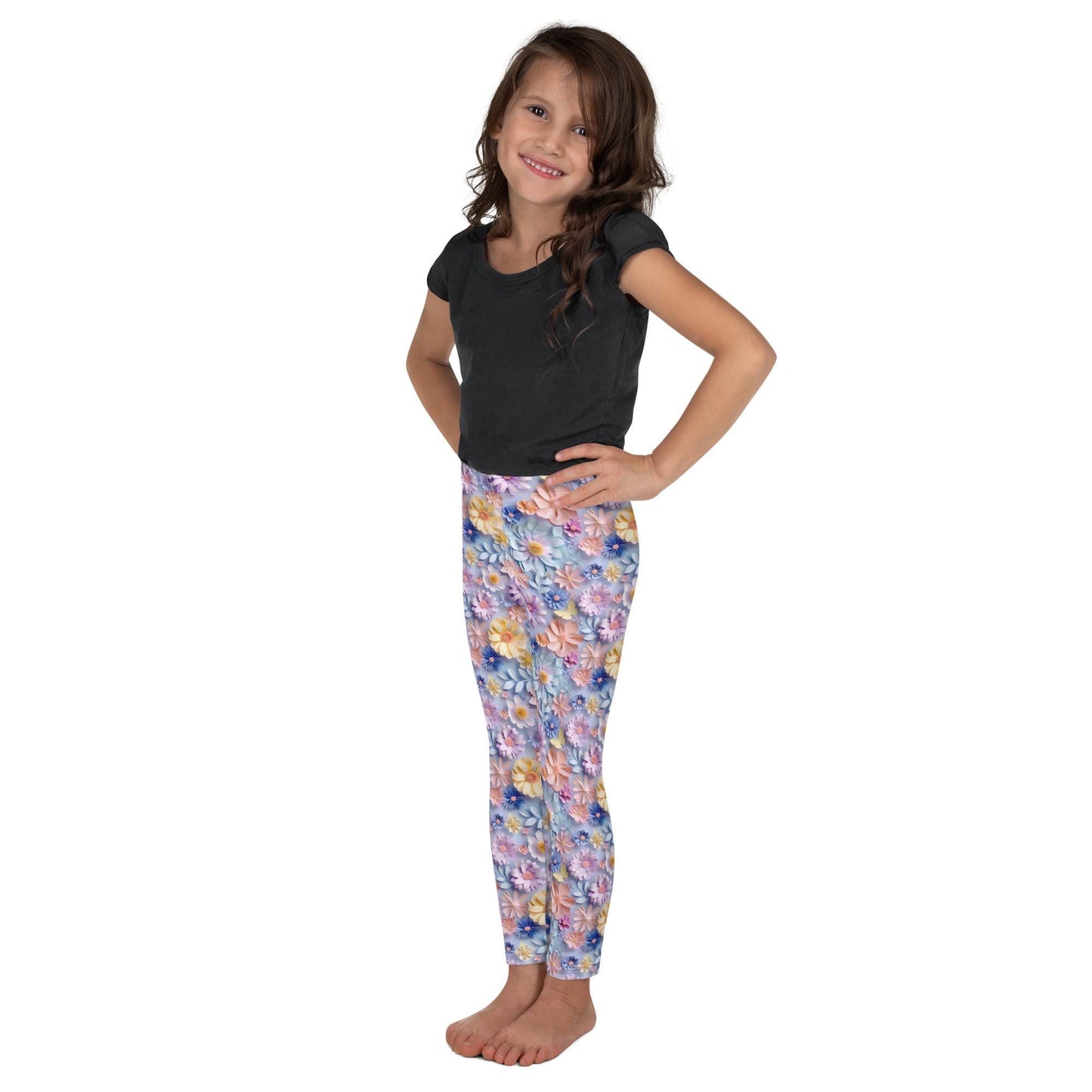 3D Floral Print Kids Leggings – Spring Bloom Pattern Toddler Pants, Soft Stretchy Leggings for Girls, Cute All-Over Flower Design Playwear