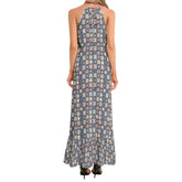 Geometric Print Chiffon Maxi Dress – Ruffle Hem & Halter Neck Elegant Long Dress for Women
