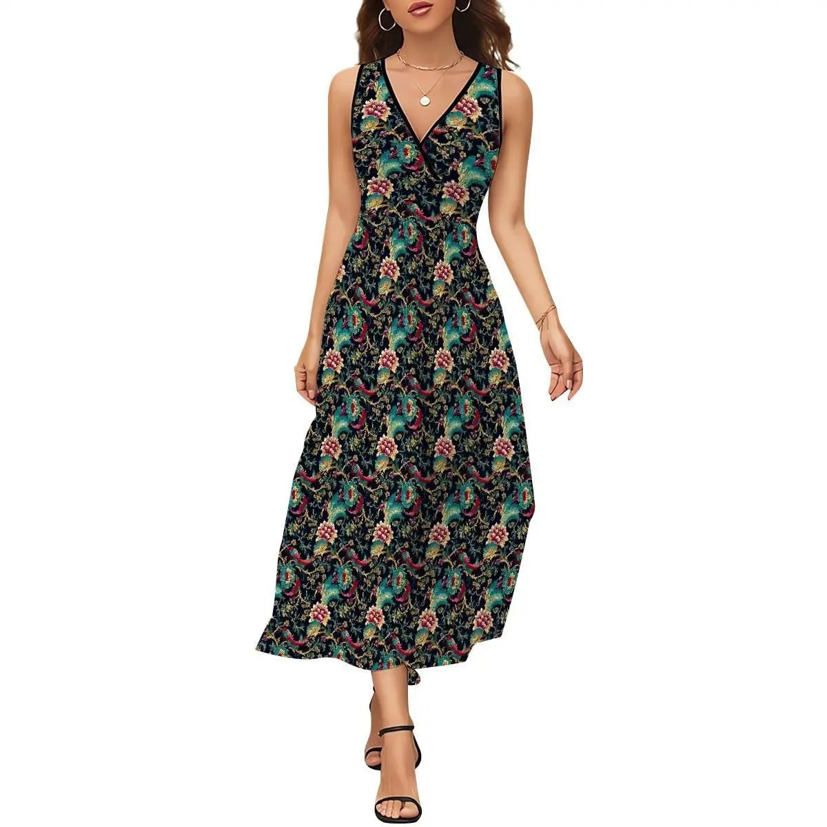 Floral Seamless Print Sleeveless Maxi Dress – Boho Chic Summer Dress for Women, Beach Wedding Guest Dress, Long Flowy Dress