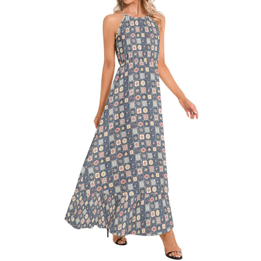 Geometric Print Chiffon Maxi Dress – Ruffle Hem & Halter Neck Elegant Long Dress for Women