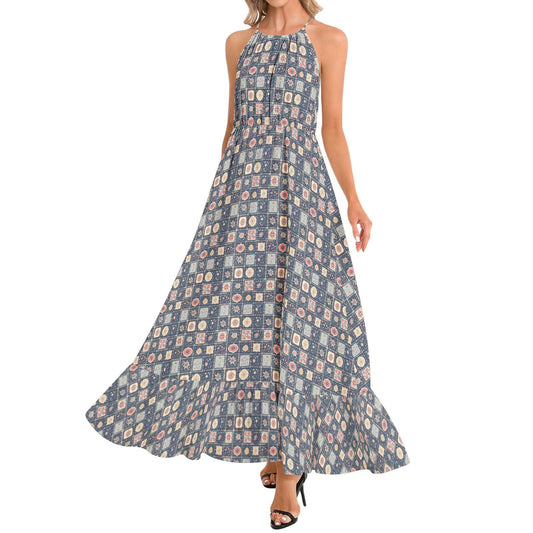 Geometric Print Chiffon Maxi Dress – Ruffle Hem & Halter Neck Elegant Long Dress for Women